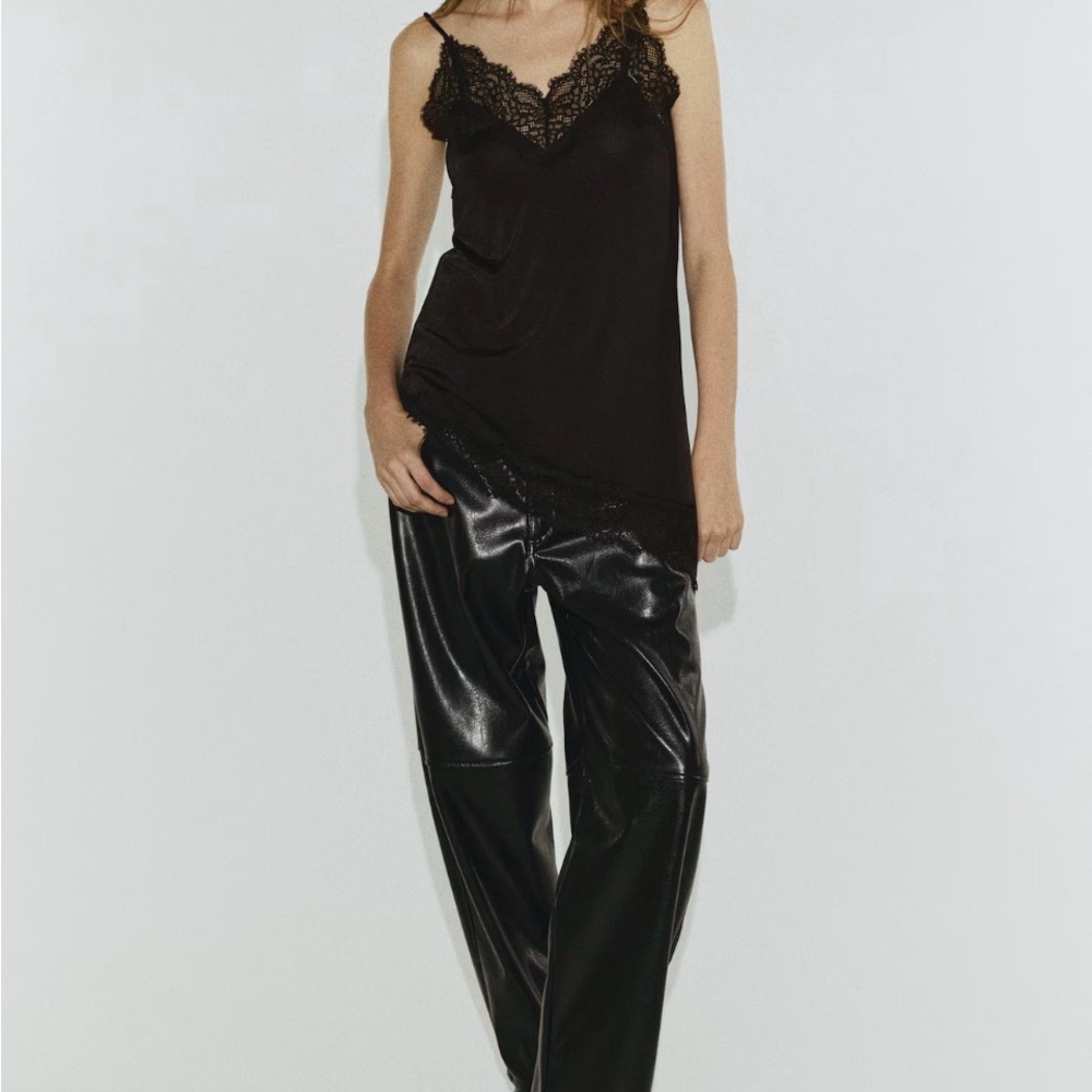 H&M Black Lace-Trim Satin Chemise